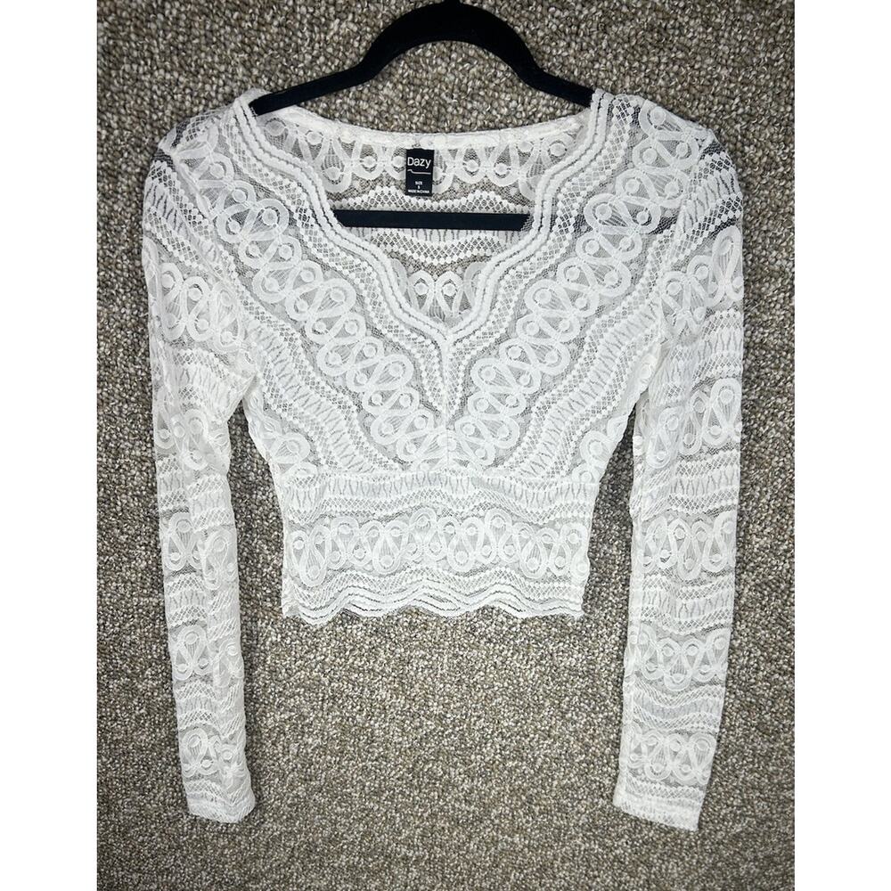 Dazy Lace Cropped V-Neck Blouse White Long Sleeve Sz Small Romantic Fairy Boho